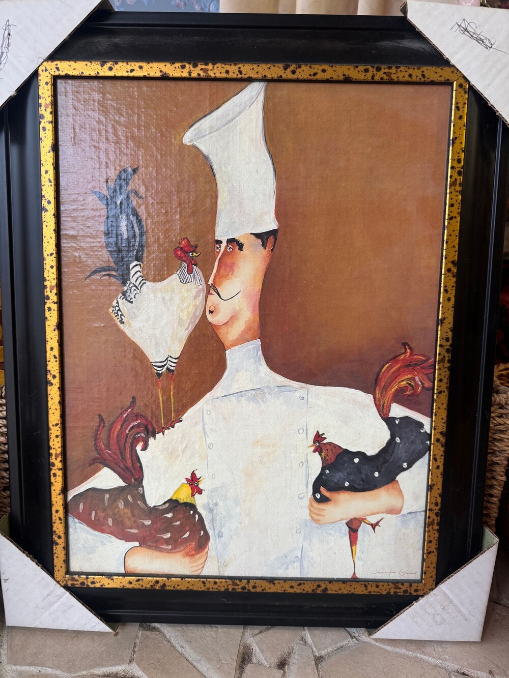 Vintage Jennifer Garant Signed 19”x15” Framed Art Print Chef Black Frame with Ye